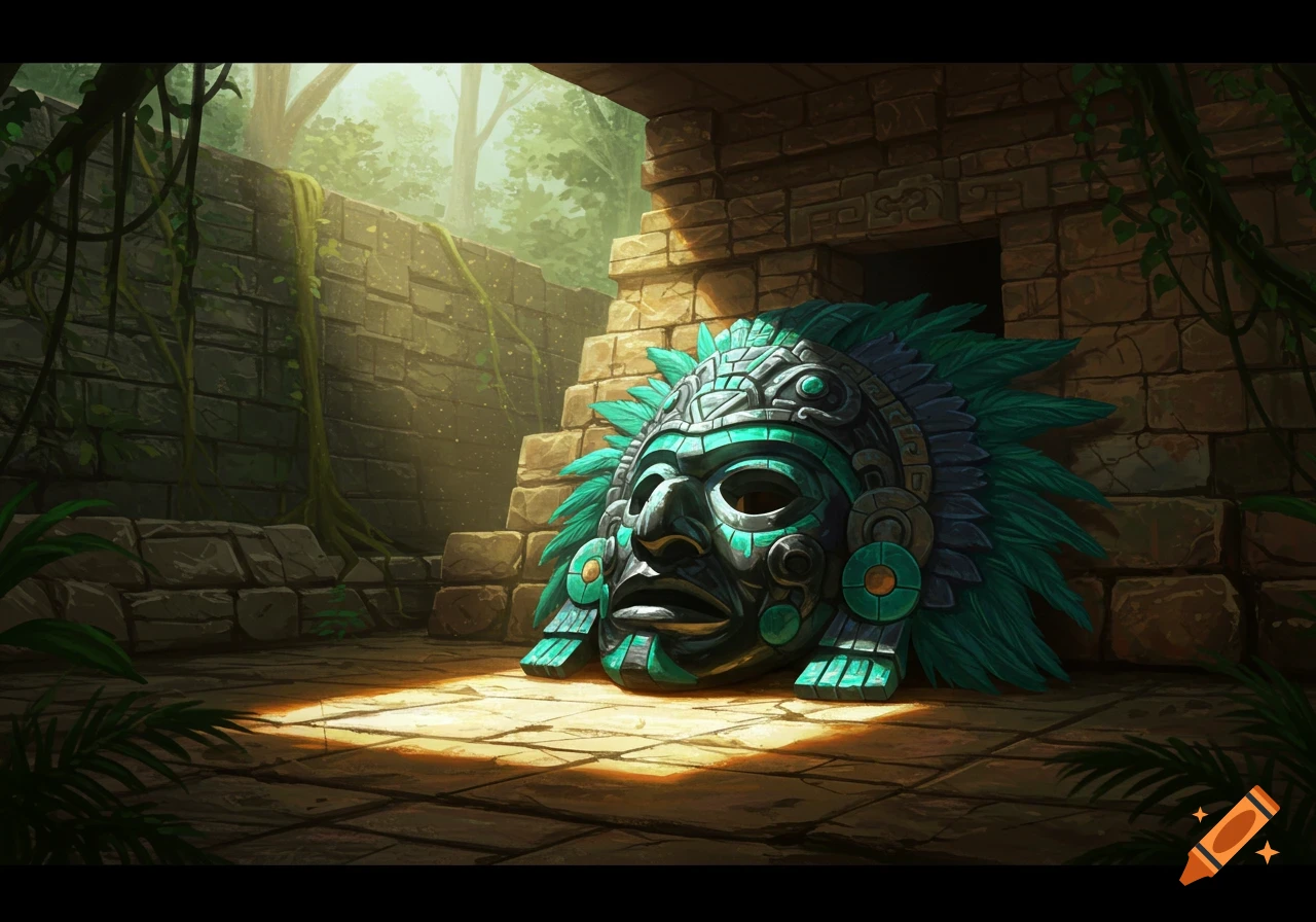 A detailed Aztec-style mask with a feathered headdress lies on a stone floor within an overgrown jungle ruin, illuminated by a beam of sunlight.