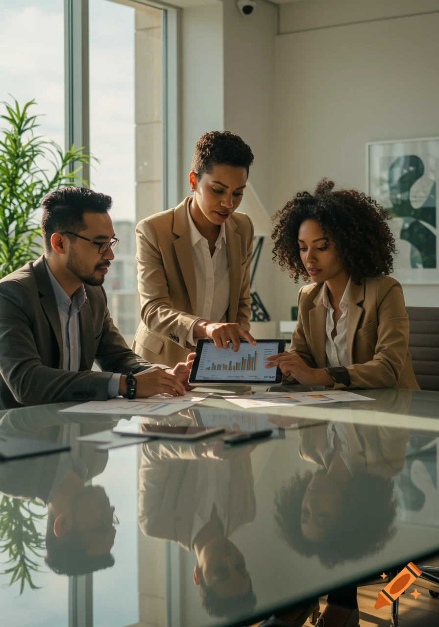 Three professionals in an office meeting, reviewing data on a tablet.
