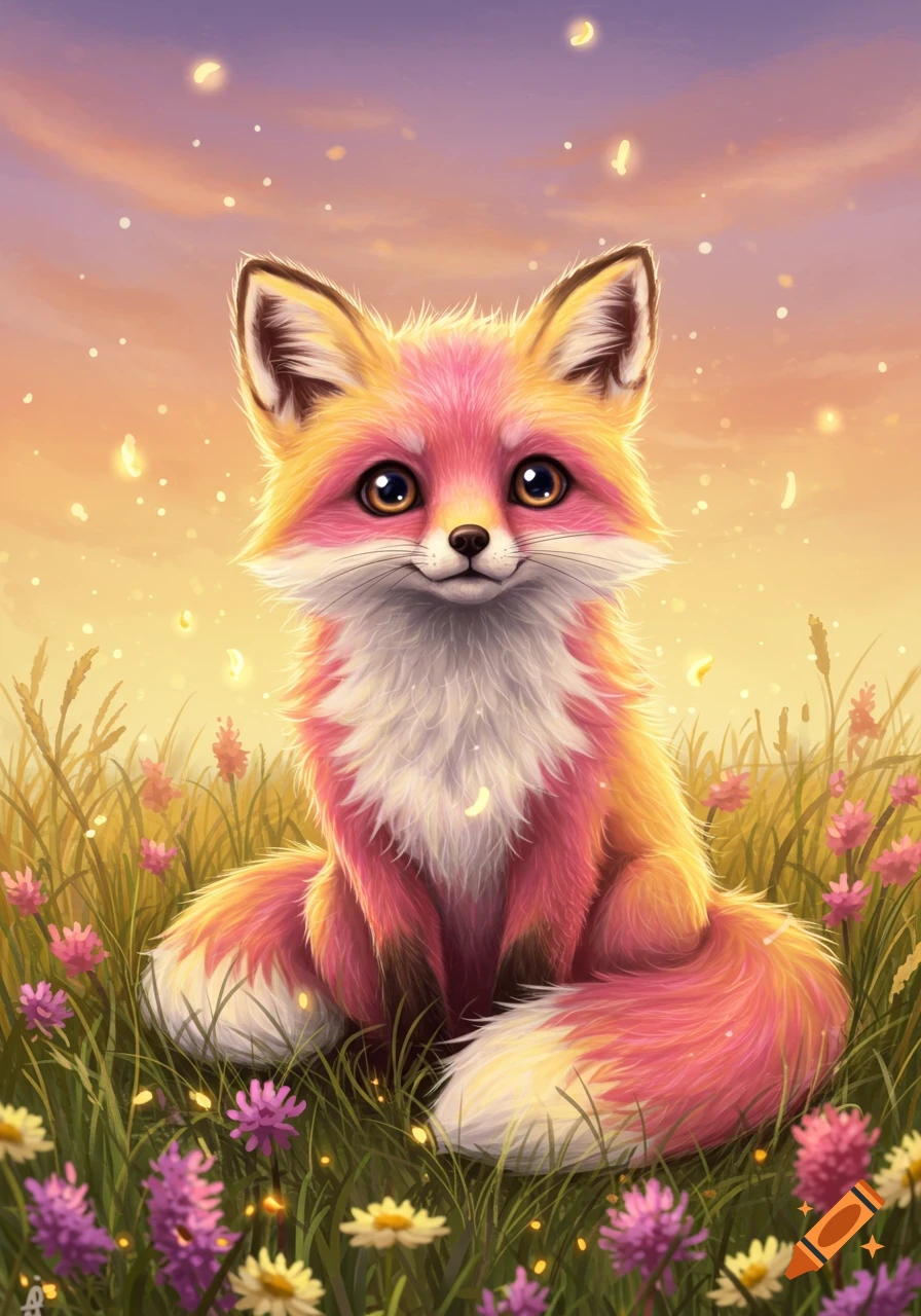 A cute pink and yellow fox with big eyes sits smiling in a field of ...