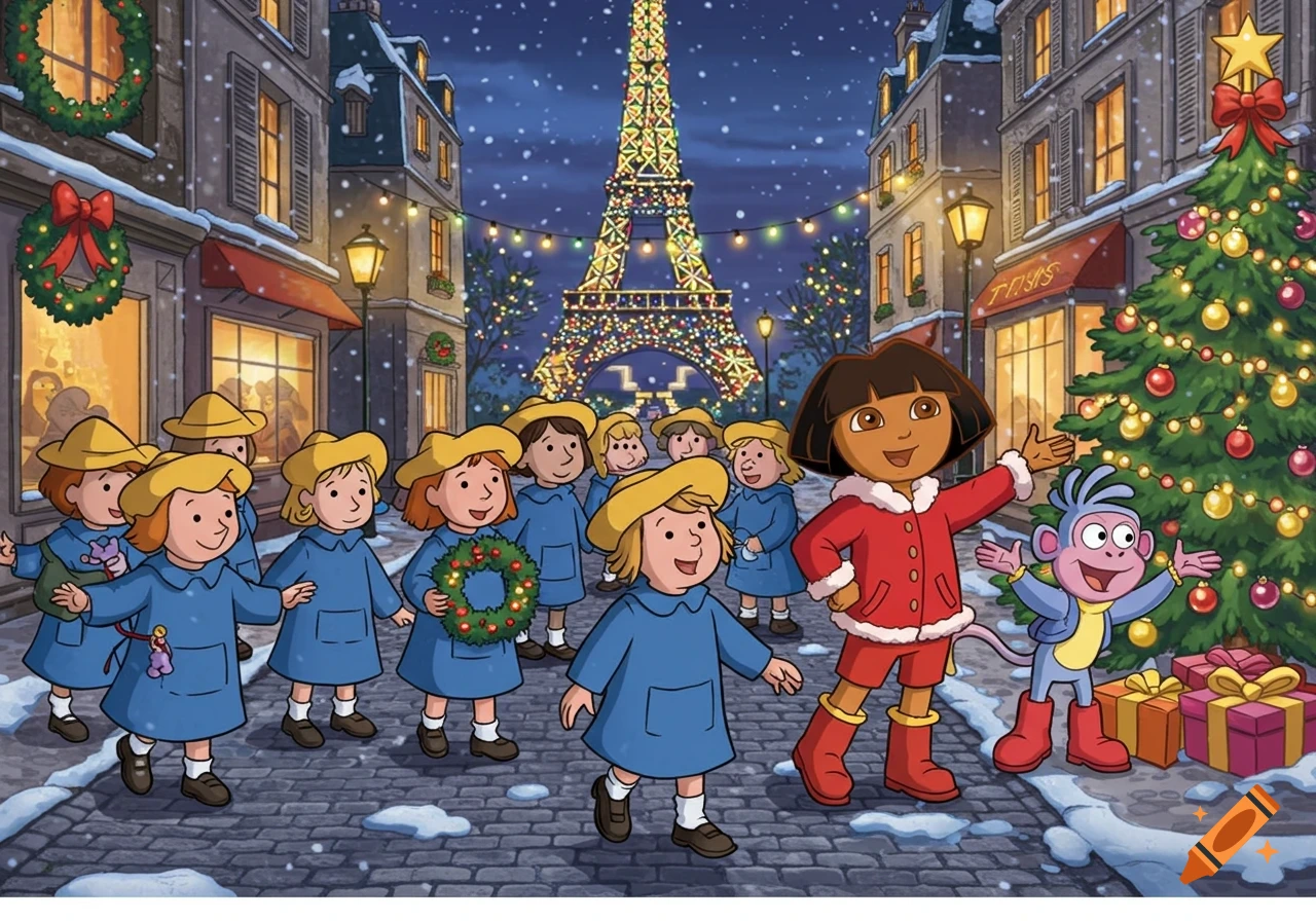Cartoon Dora and Boots with Madeline-style girls walk a snowy Paris street celebrating Christmas, with the illuminated Eiffel Tower in the background.