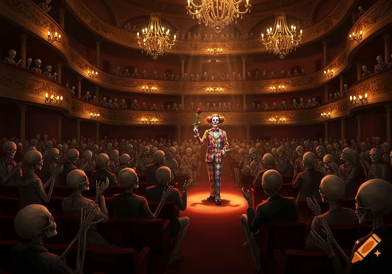 A colorful clown in a harlequin suit stands on an ornate theater stage, bowing to an audience of skeletons clapping from red velvet seats and balconies.