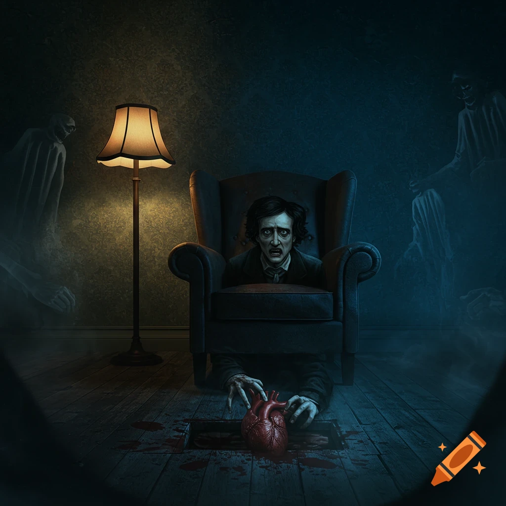 A distressed man resembling Edgar Allan Poe pulls a bloody human heart from a floorboard, surrounded by spectral figures in a dimly lit, dark room with a lamp.