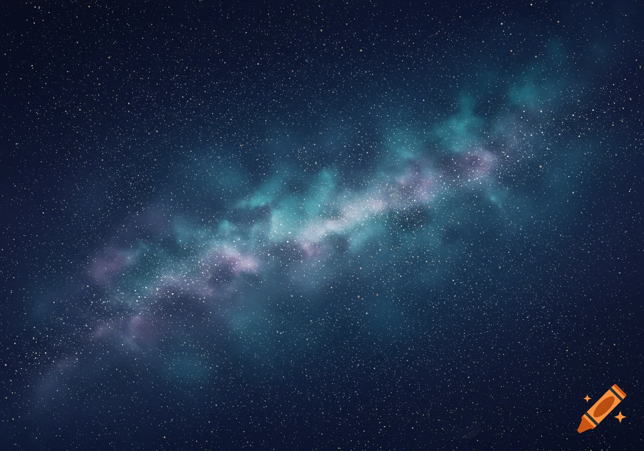 A dark blue night sky filled with countless white stars and a colorful nebula streaking across, with hues of blue, teal, and purple.