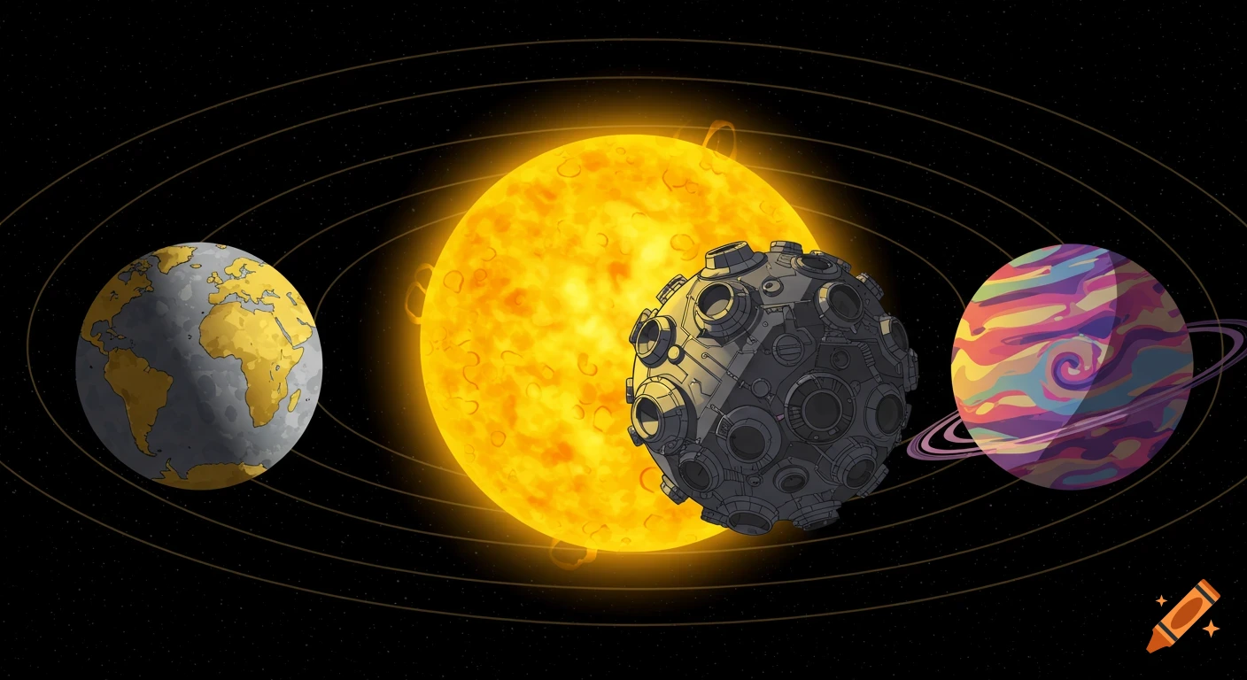 A colorful cartoon solar system with a large yellow sun, a gray and gold planet, a mechanical factory planet, and a swirling multi-colored planet with rings.