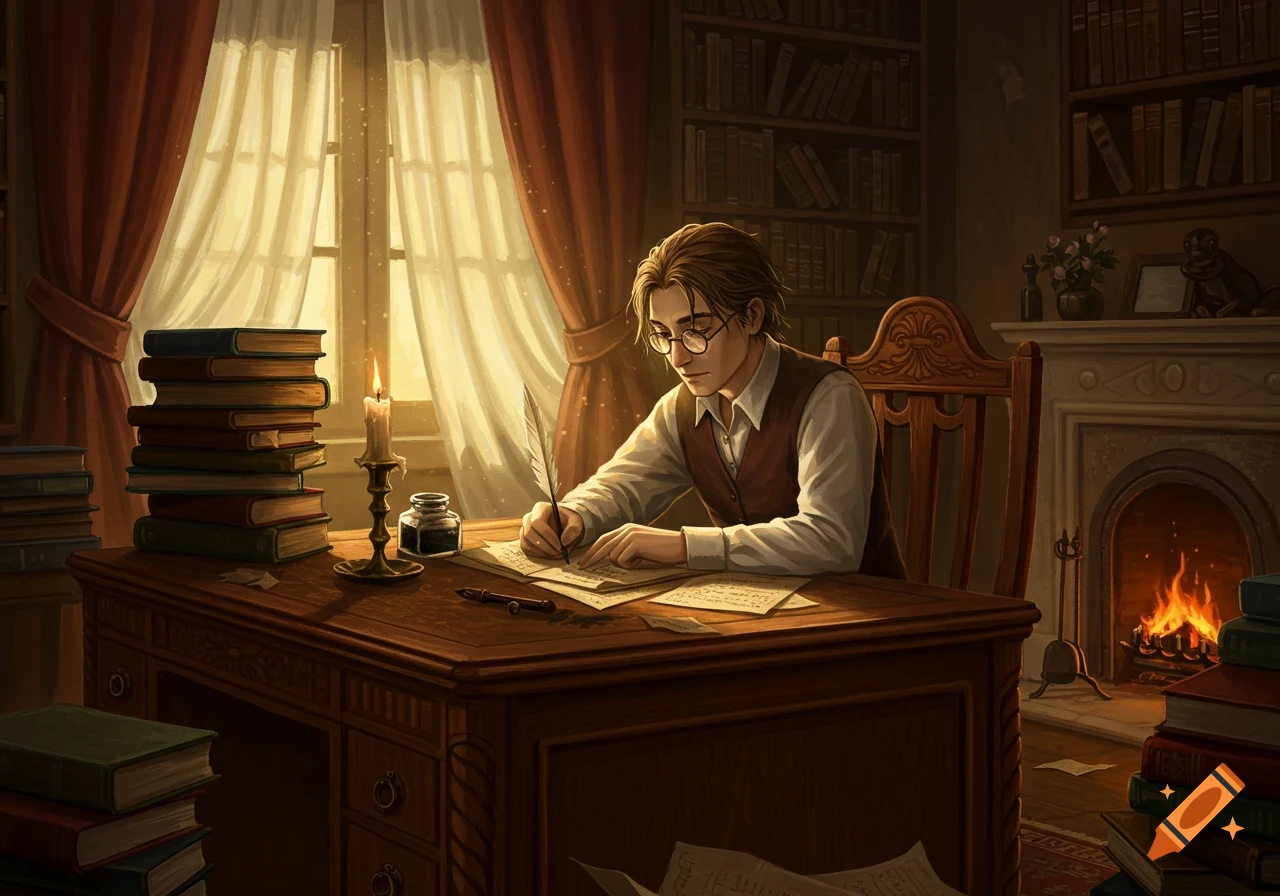 A person with glasses writes with a quill at a wooden desk, surrounded by books, in a cozy study with a fireplace and windows.