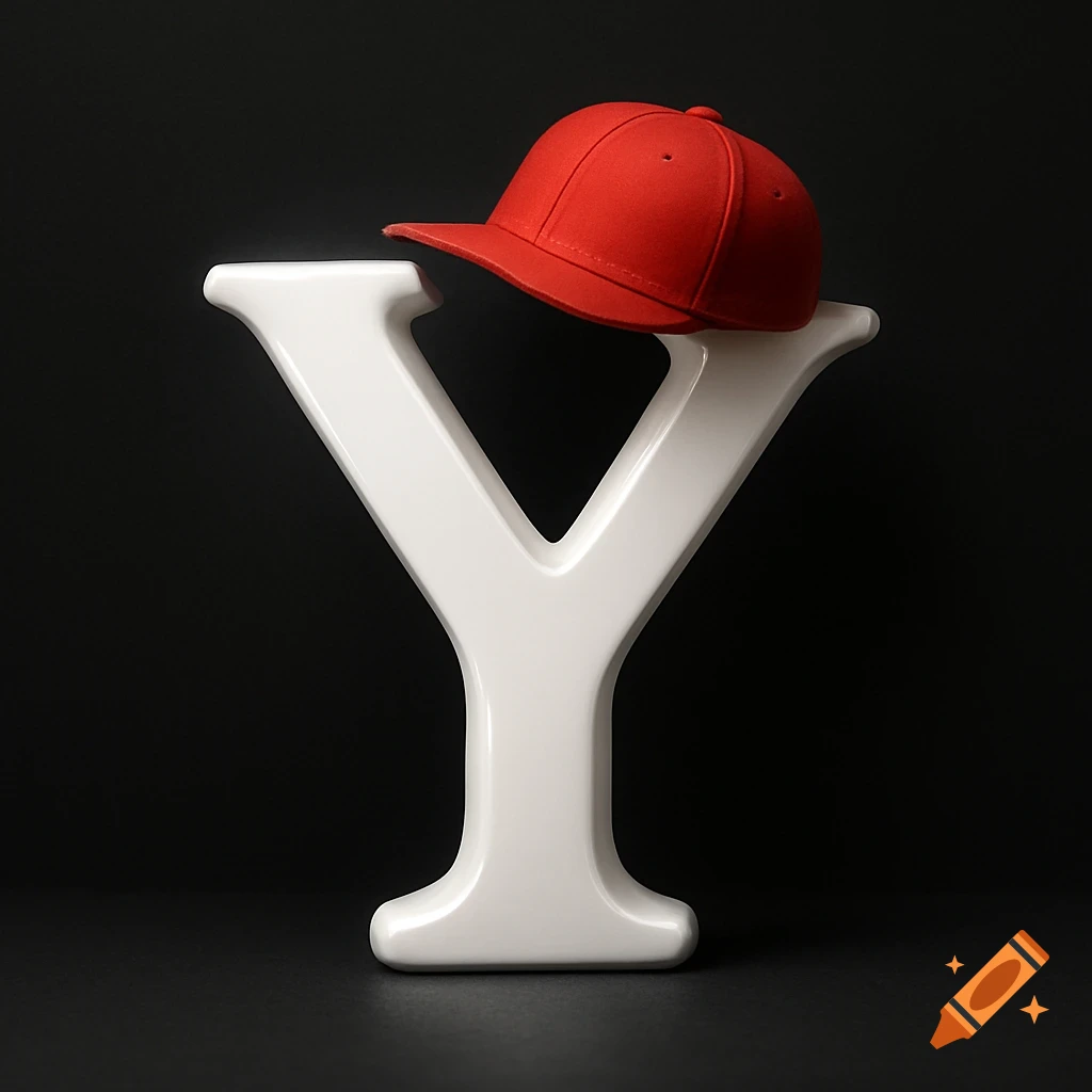 A white 3D letter Y wearing a red baseball cap on a dark background.