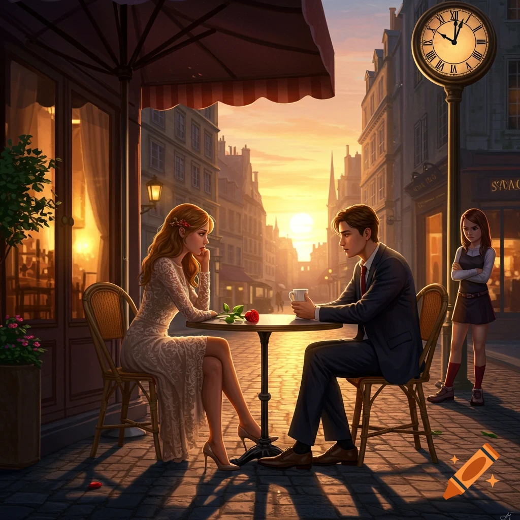 An illustrated couple on a sunset cafe date, with an angry girl watching, a clock showing 5 PM, and a city street background.