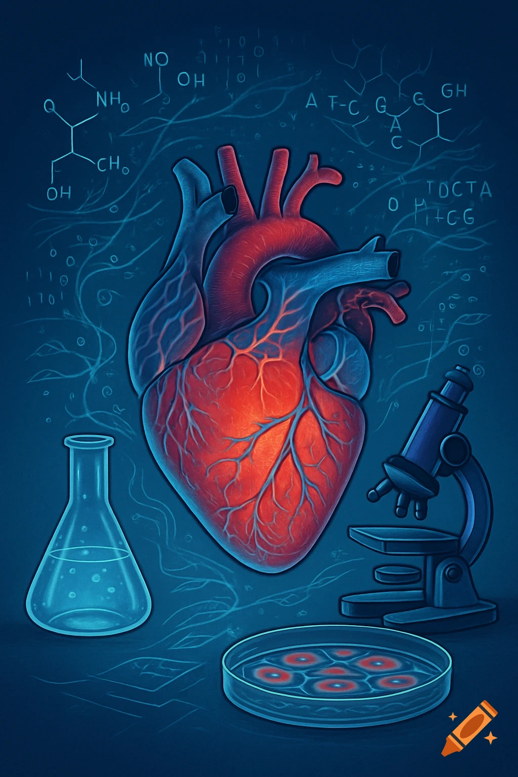 Stylized anatomical heart with glowing veins, flask, and microscope against a dark blue background with scientific symbols.