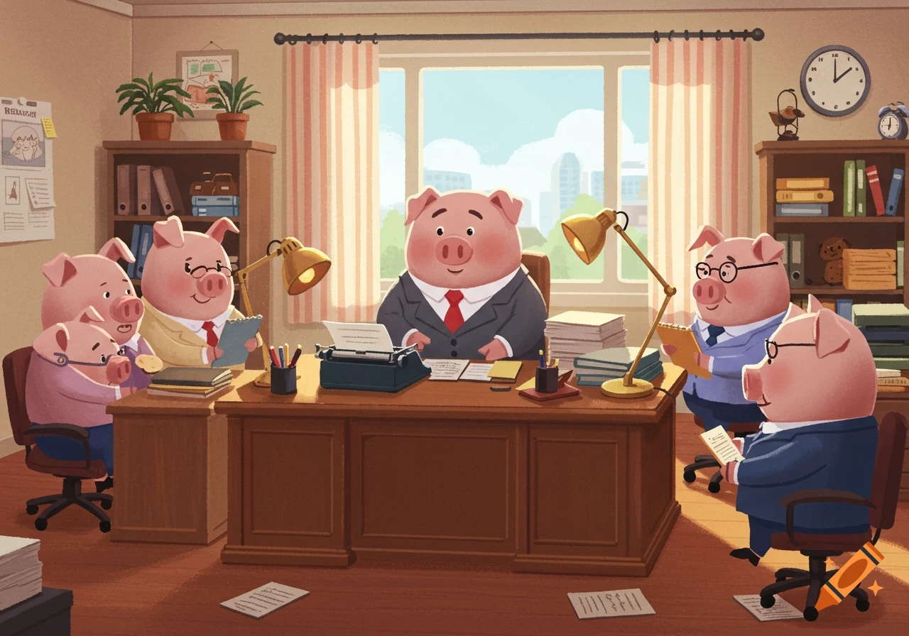 An illustration in children's book style shows pigs in suits gathered around a large wooden desk in an office, with one pig seated at the head of the desk.