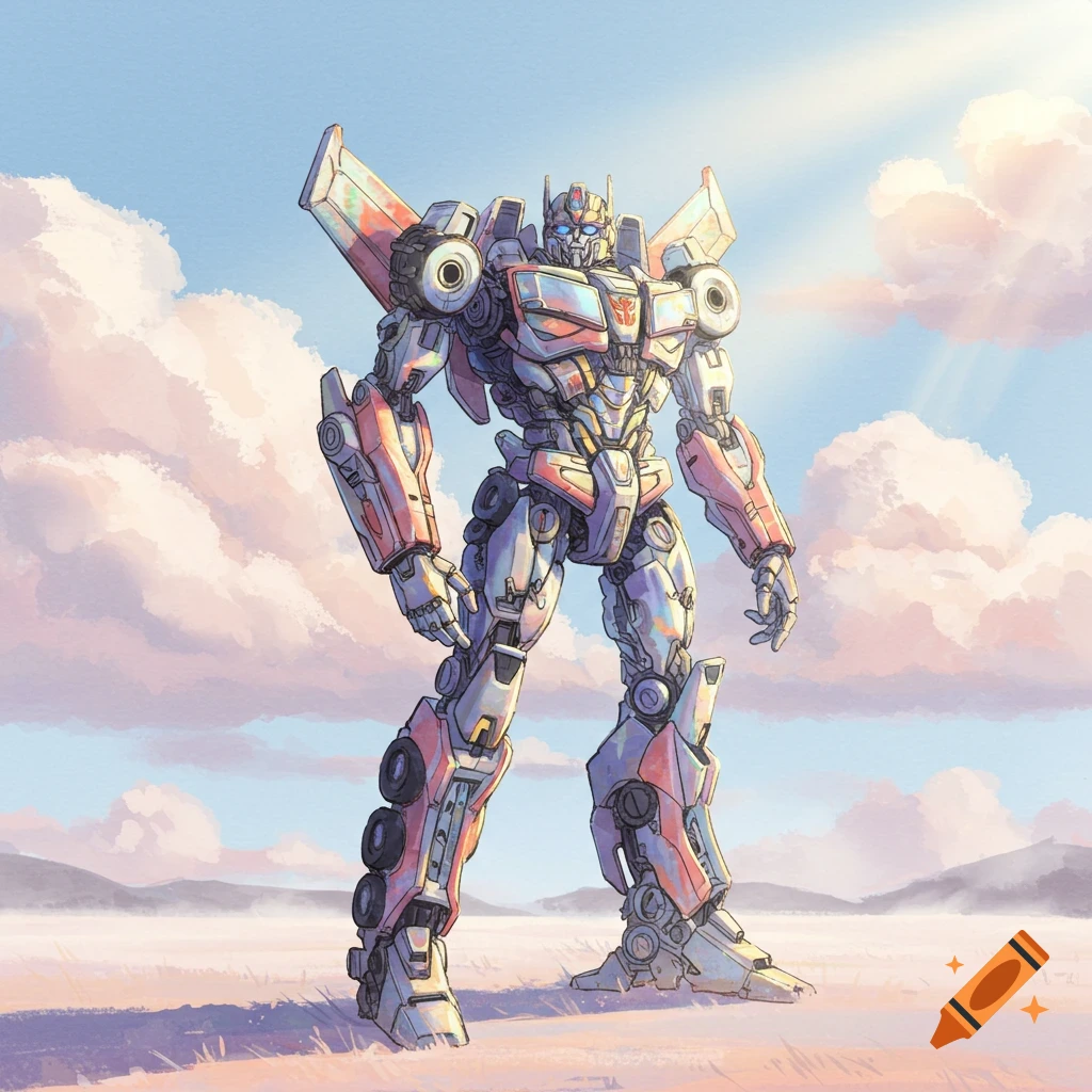 A detailed Transformer robot, in a watercolor style, stands in a vast, stylized landscape under a light blue sky with clouds.