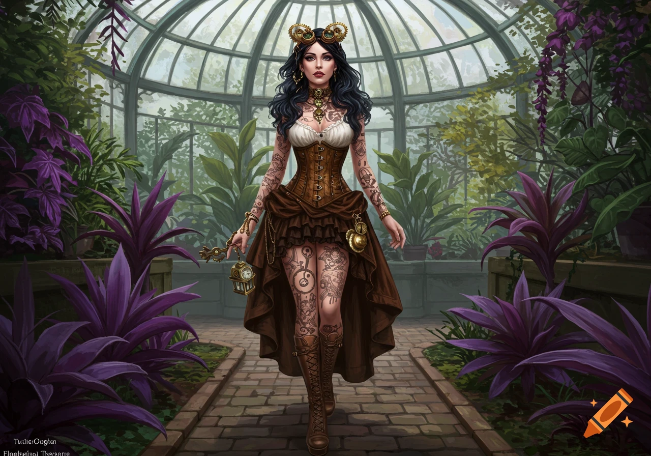 A steampunk woman with intricate tattoos walks through a lush botanical ...