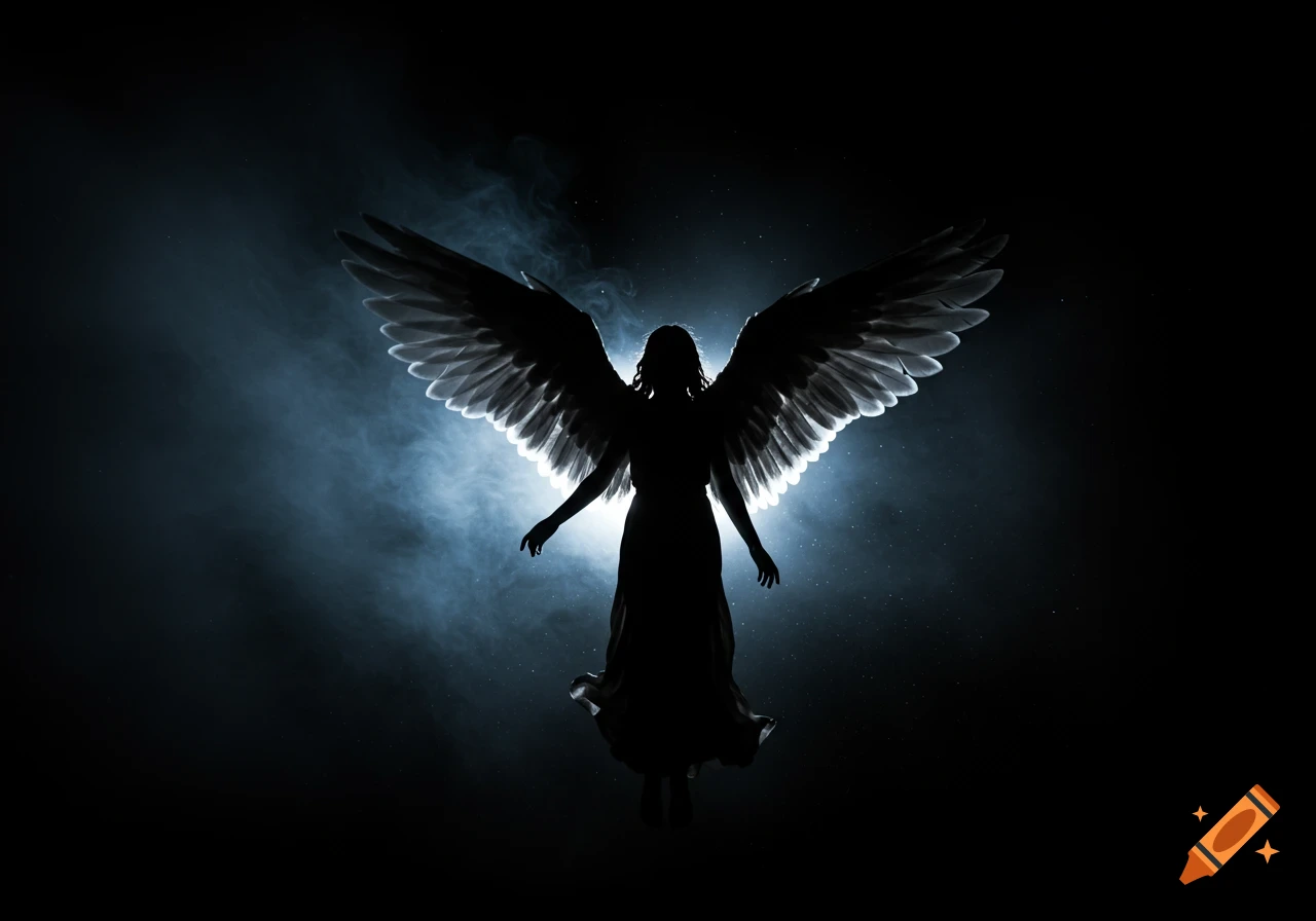 Dramatic silhouette of an angel with large wings against a smoky, glowing background.