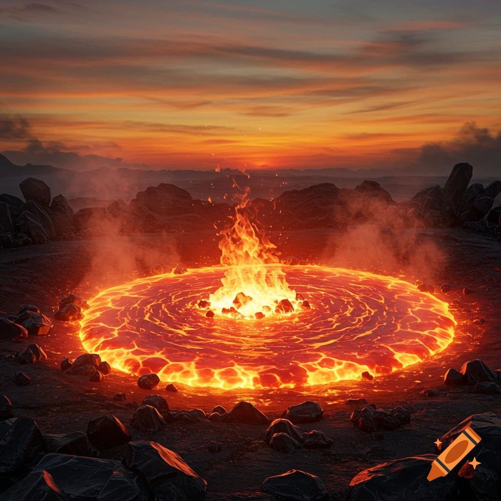 A dramatic circular pool of molten fire with flames rising from its center, surrounded by dark rocks under an orange sunset sky.