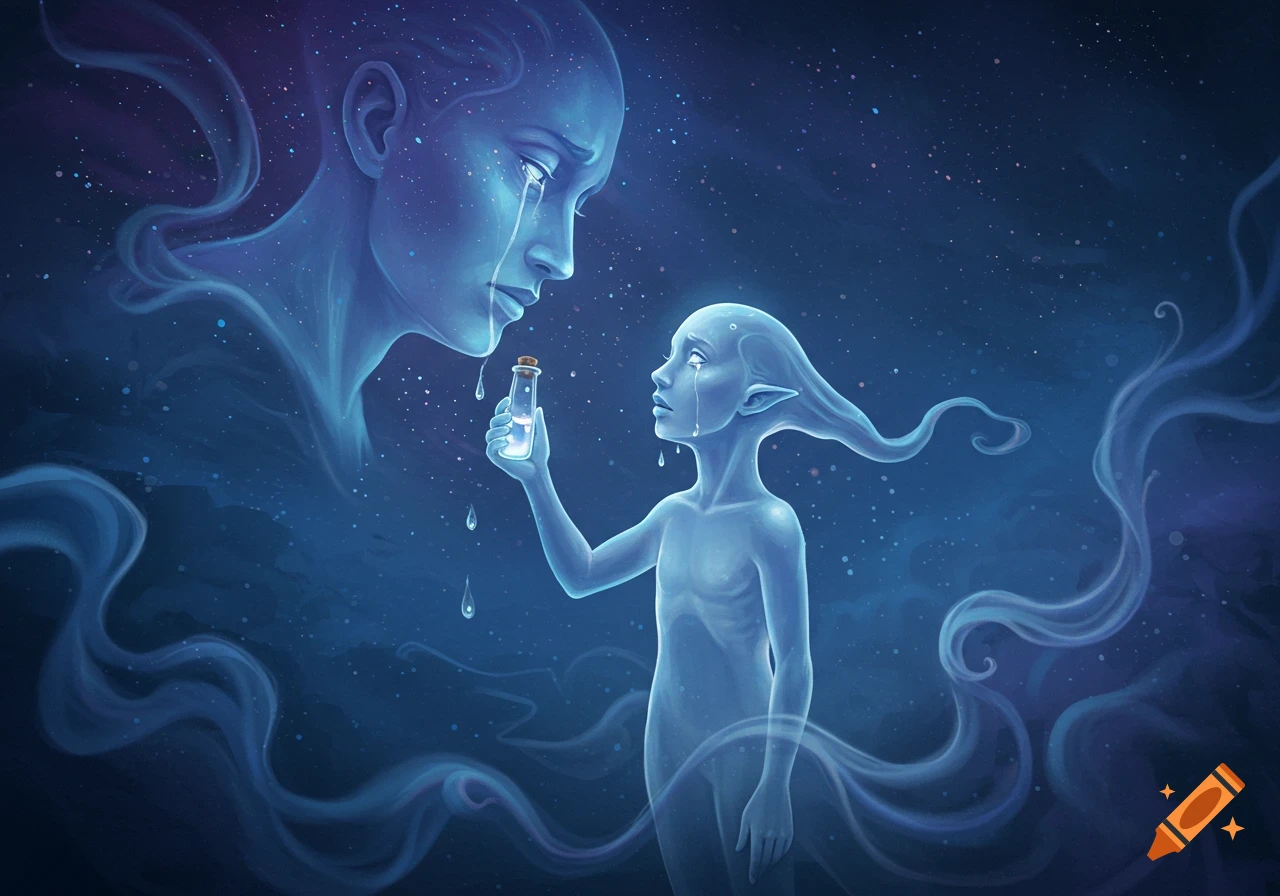 Two ethereal blue figures, one large crying face and one smaller full body, both tearful in a dark, starry, cosmic background. The small figure holds a glowing bottle.