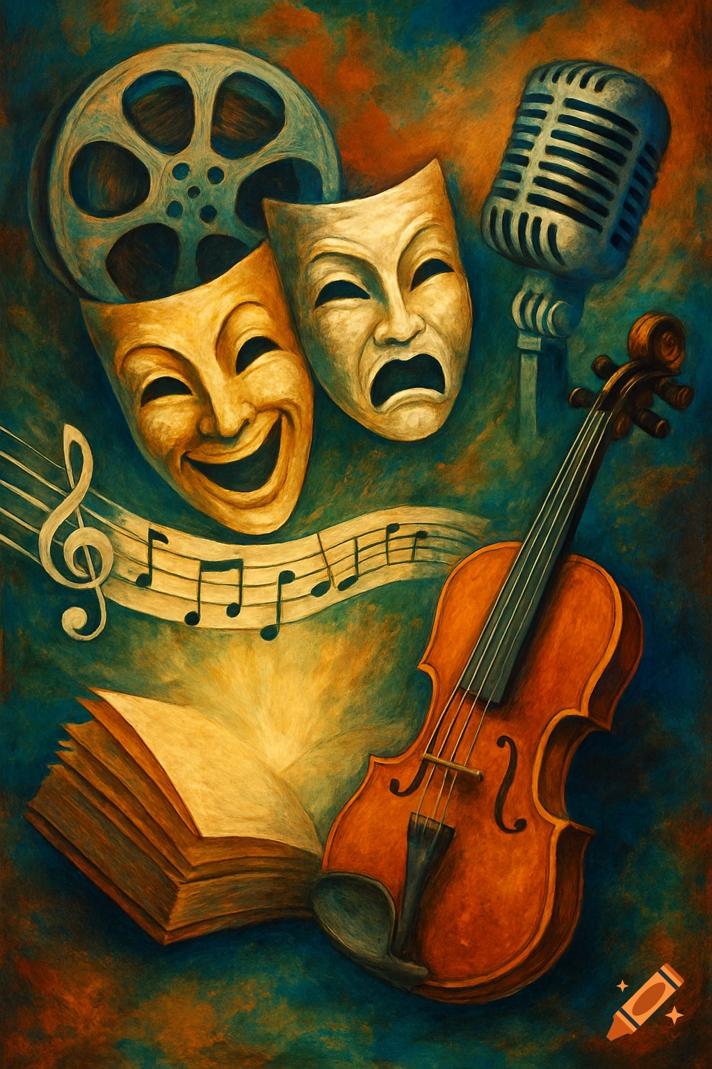 Painterly illustration of cultural and artistic symbols including a film reel, comedy and tragedy masks, a microphone, musical notes, an open book, and a violin.
