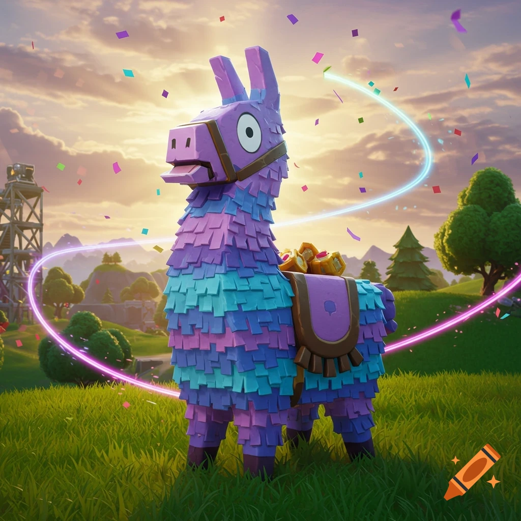 A purple and blue Fortnite llama pinata stands in a grassy landscape with colorful confetti and glowing trails, under a sunset sky.