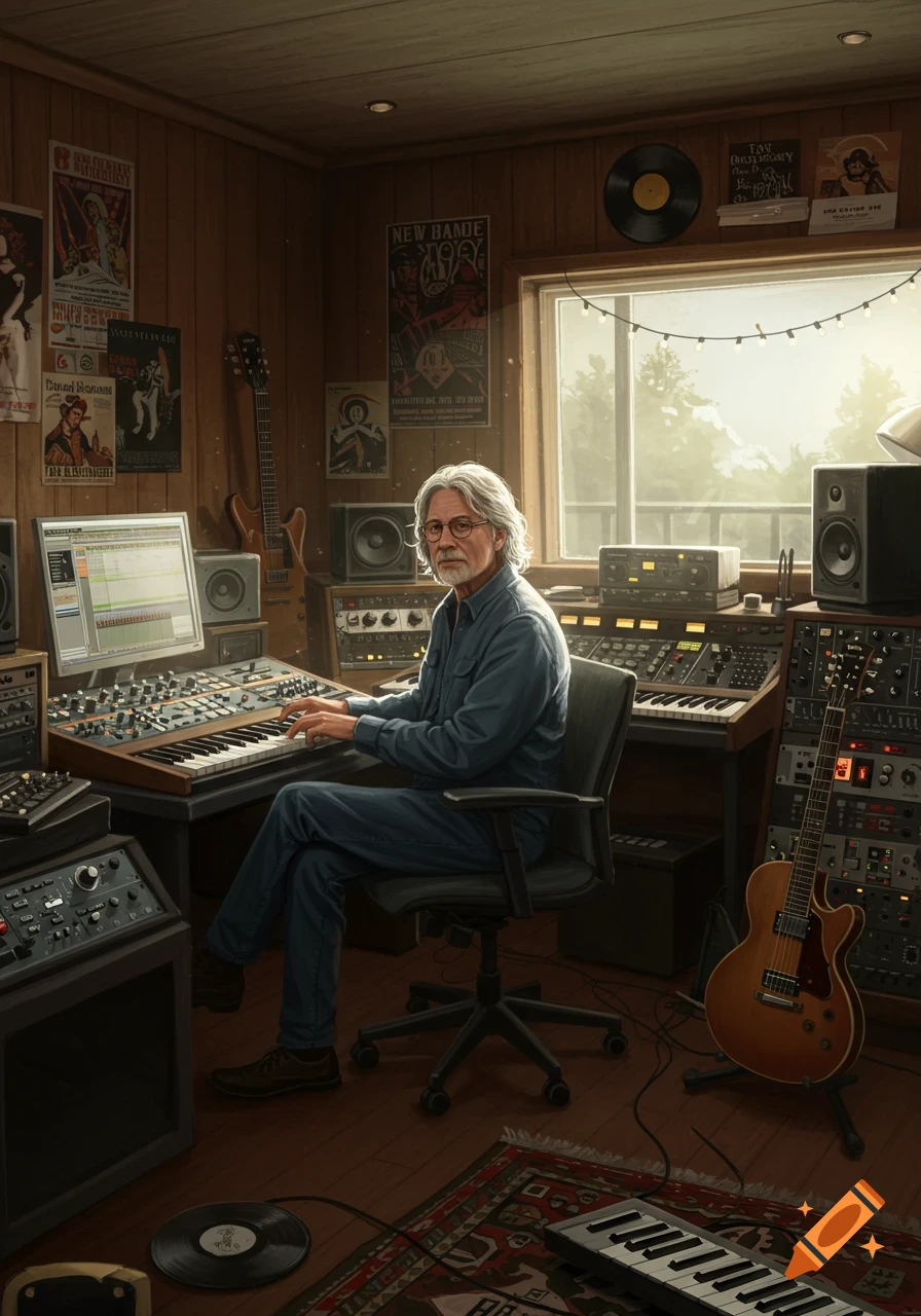 A gray-haired musician with glasses plays a keyboard in a cozy, wood-paneled music studio filled with instruments.