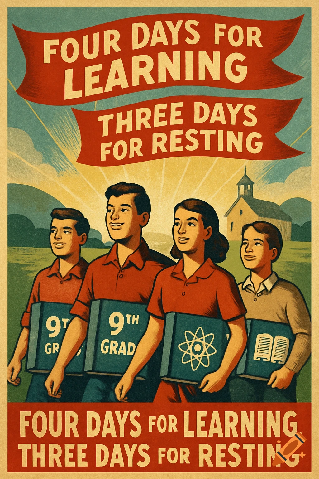 Vintage propaganda poster with four smiling students holding books, and banners promoting 'Four days for learning, three days for resting'.
