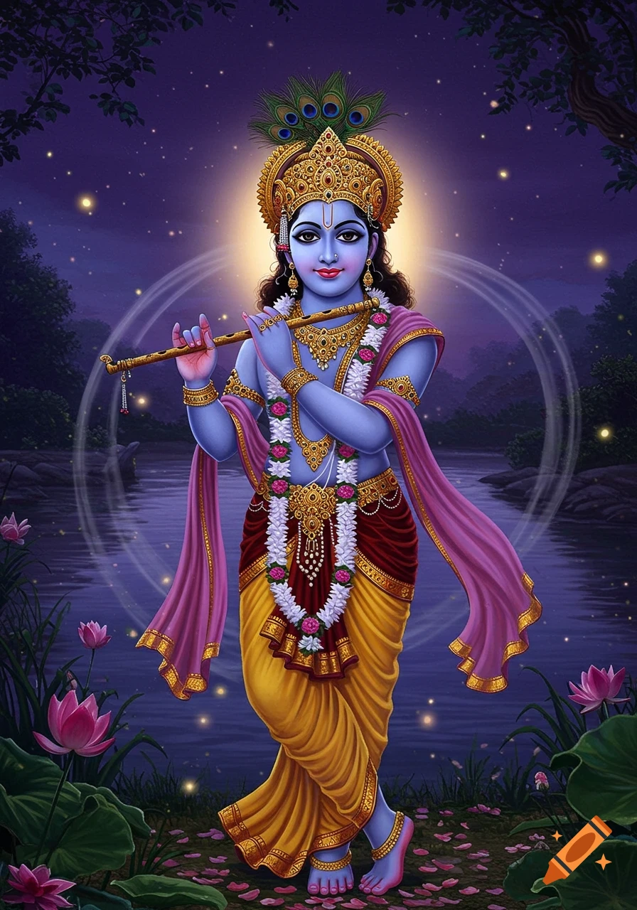 Blue-skinned Lord Krishna, adorned with jewels and a peacock feather crown, playing a flute by a serene river under a starry, moonlit sky with lotus flowers.