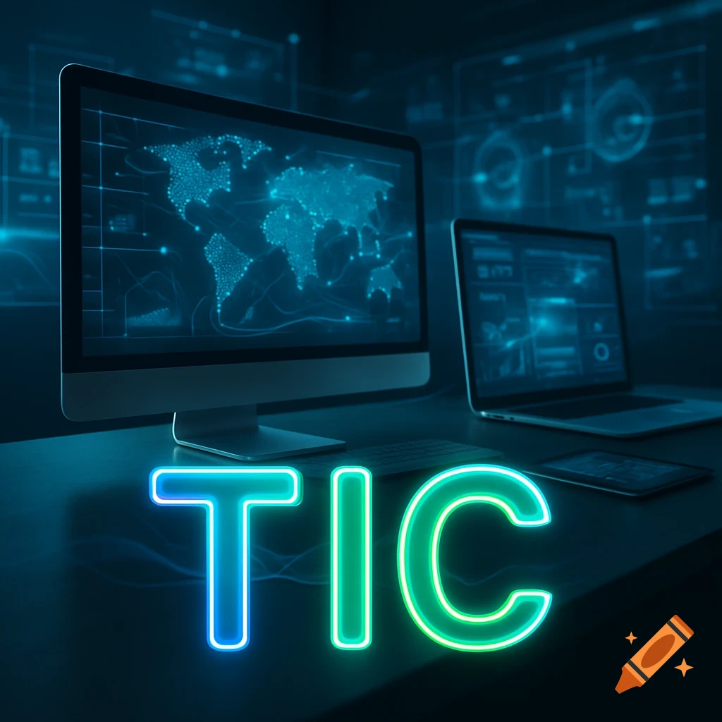 Neon blue and green letters 'TIC' glow in front of a desk with two computer monitors displaying a world map, in a dark, tech-themed setting.