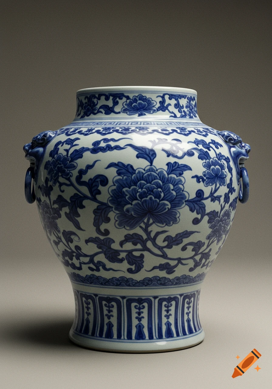 A cobalt blue and white Chinese porcelain jar with detailed floral motifs and lion-head handles, on a neutral background.
