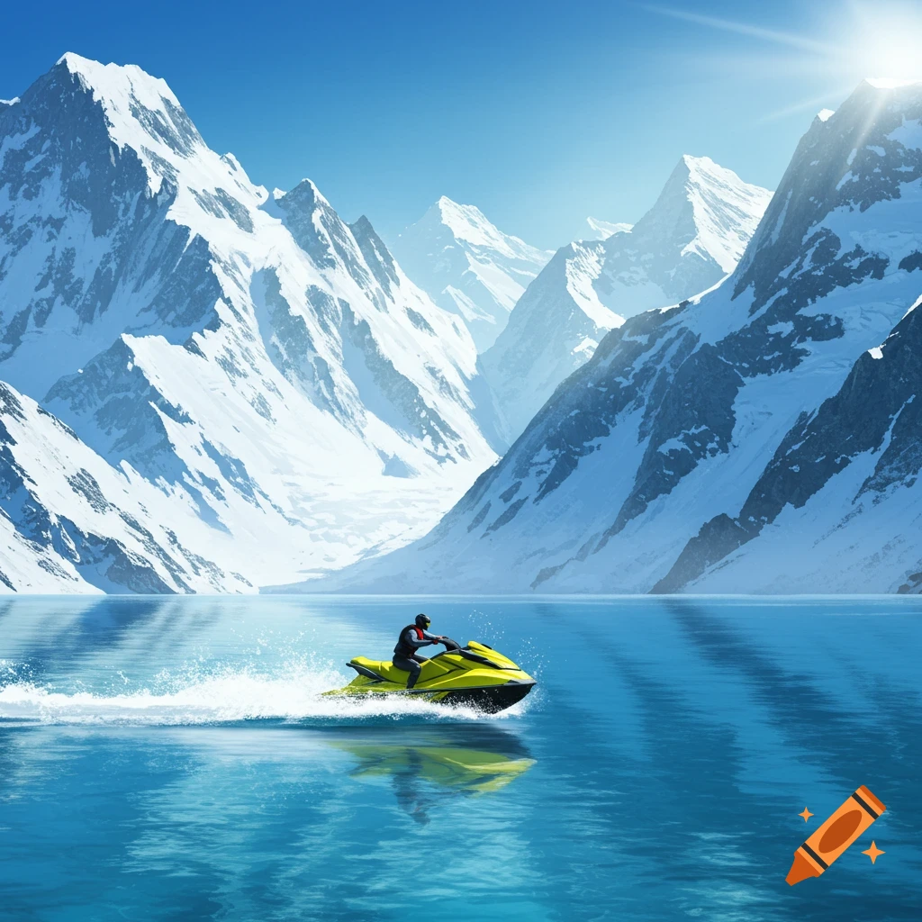 A person on a yellow jet ski rides across a clear blue lake with towering snow-capped mountains under a bright blue sky.