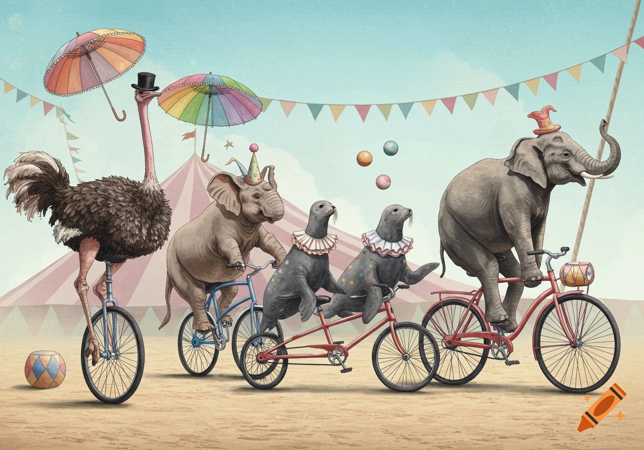 Whimsical watercolor of circus animals riding bikes: an ostrich on a unicycle, an elephant, and two seals on a tandem, under bunting.