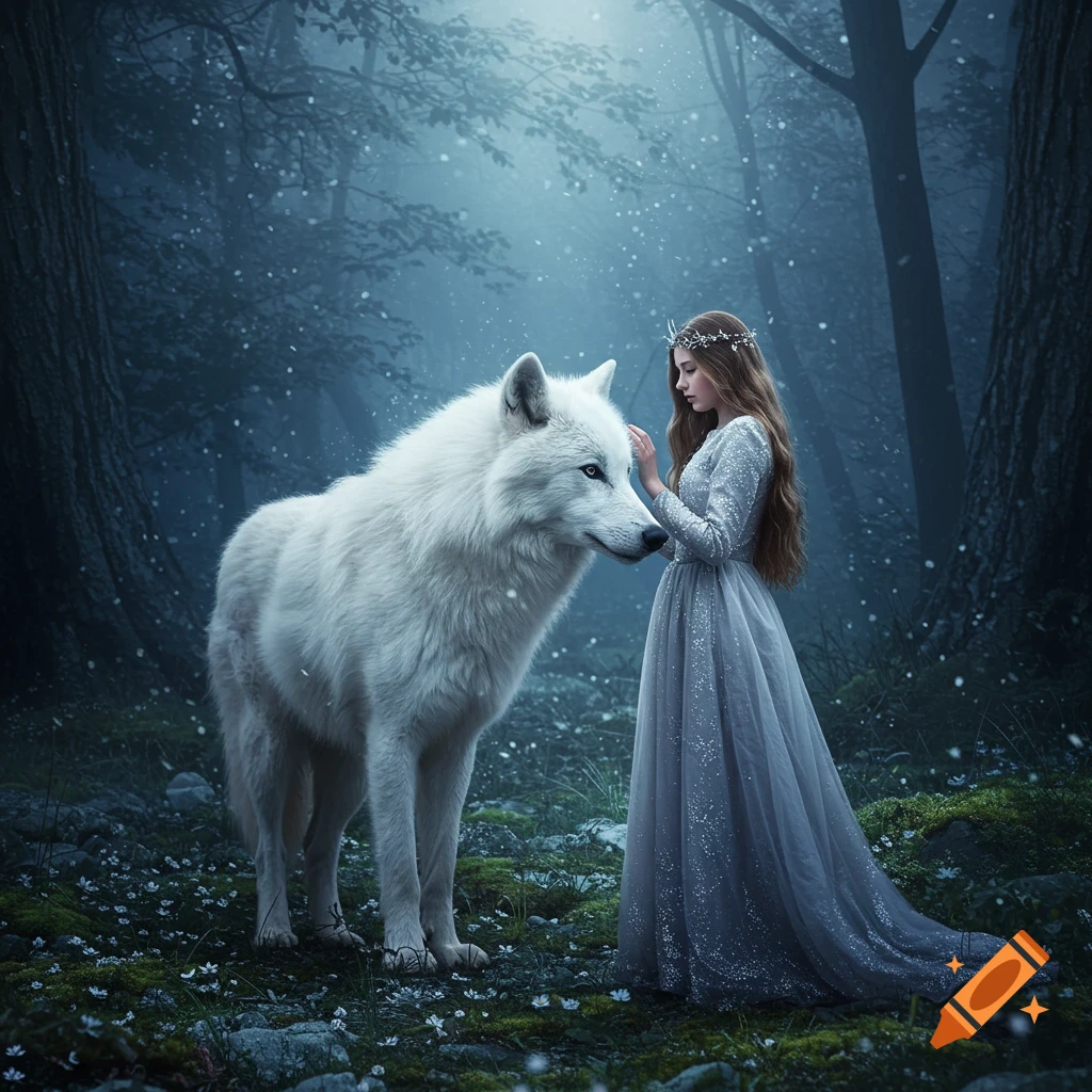 A young woman in a flowing dress gently touches a large white wolf in a ...