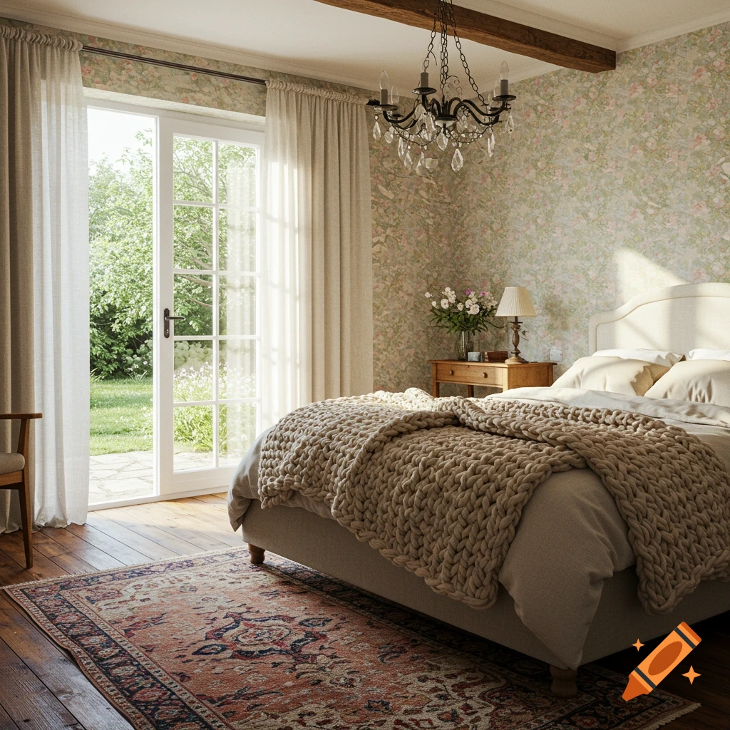 A cozy country cottage bedroom with French doors opening to a garden, floral wallpaper, a bed with a chunky knit blanket, and a chandelier.
