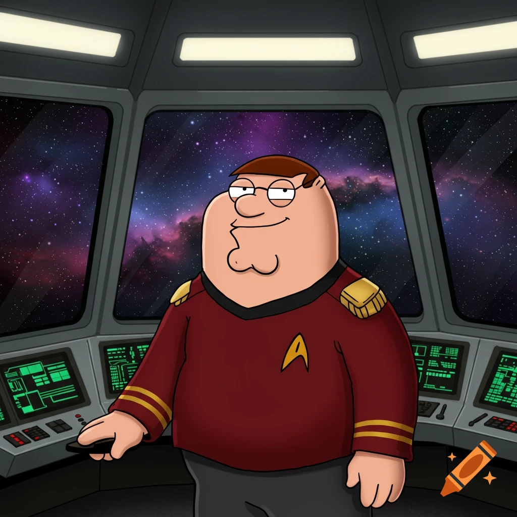 Peter Griffin from Family Guy in a red Starfleet uniform on a spaceship bridge, gazing out at a nebula in space.