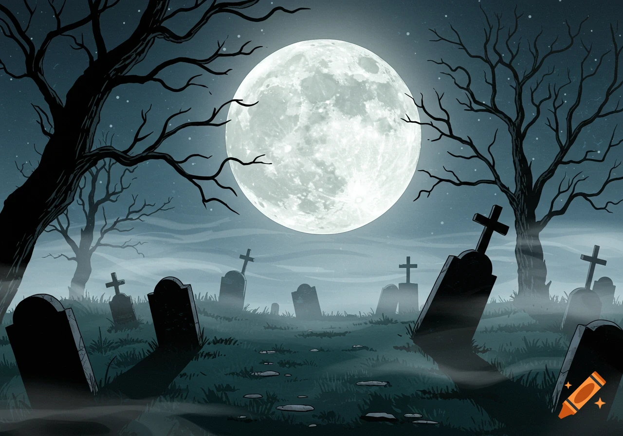 A gothic comic style illustration of a graveyard at night with tombstones, bare trees, and a large full moon.
