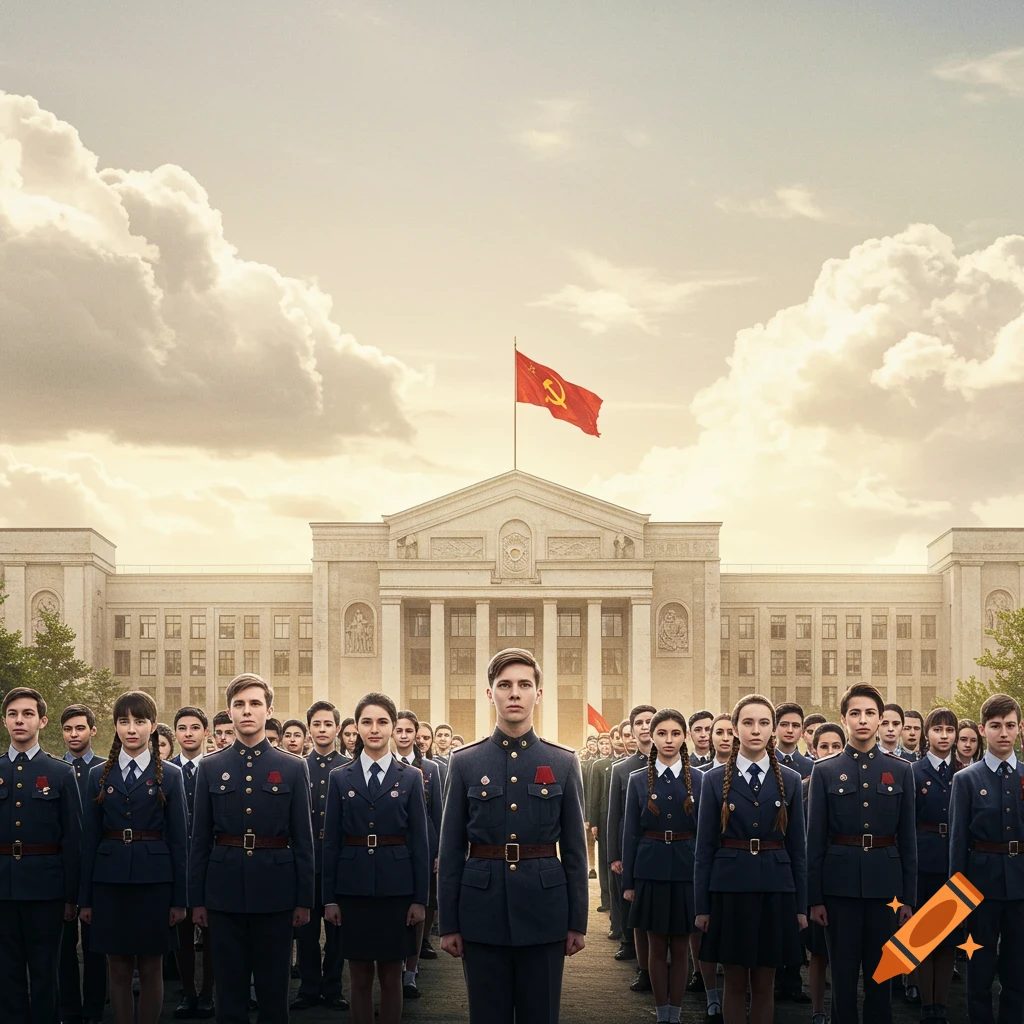 A large group of young people in dark military-style uniforms stand in formation before a grand, imposing building with a Soviet flag flying.