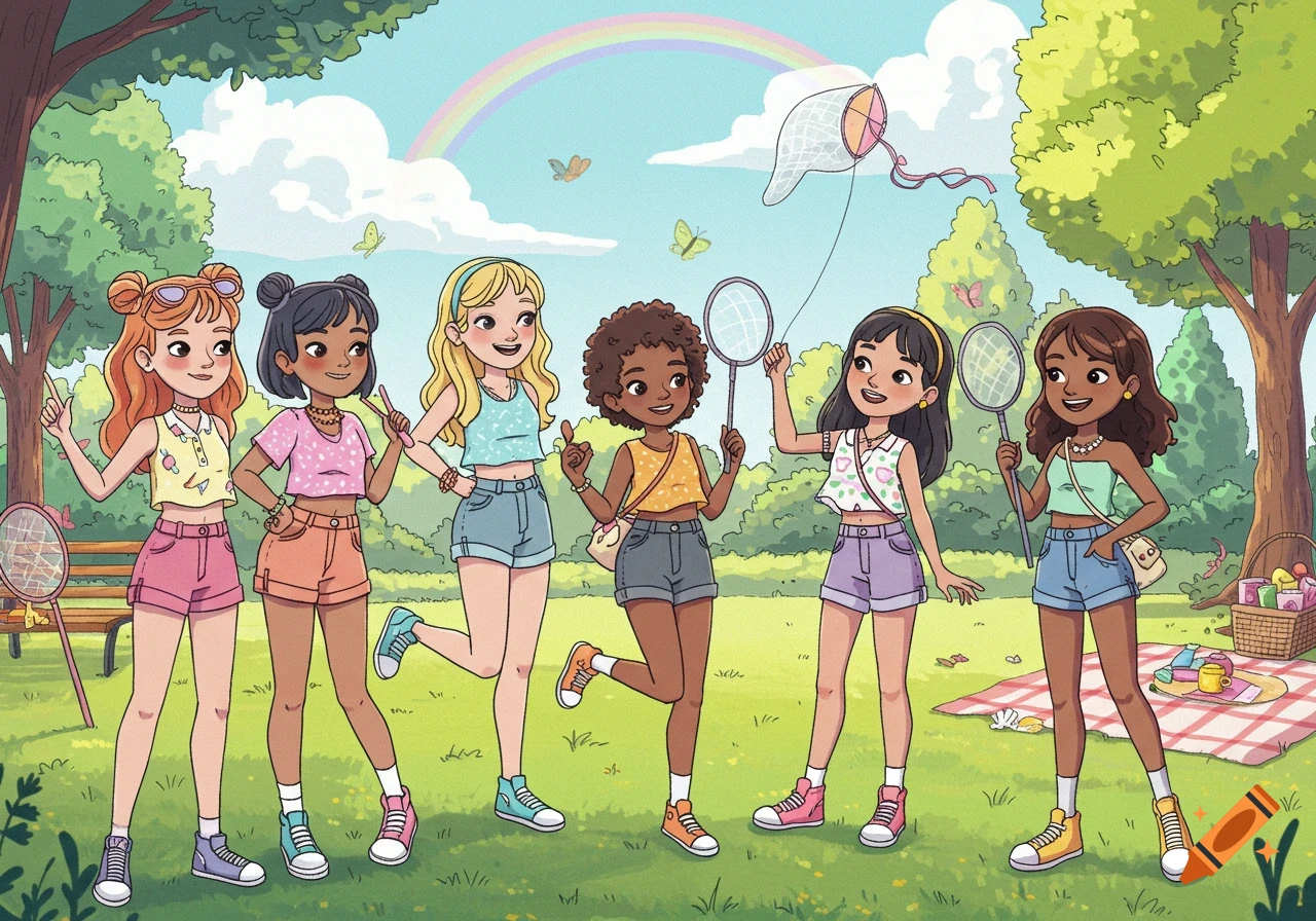Seven diverse cartoon girls in shorts and crop tops hold rackets and a kite in a sunny park under a rainbow.