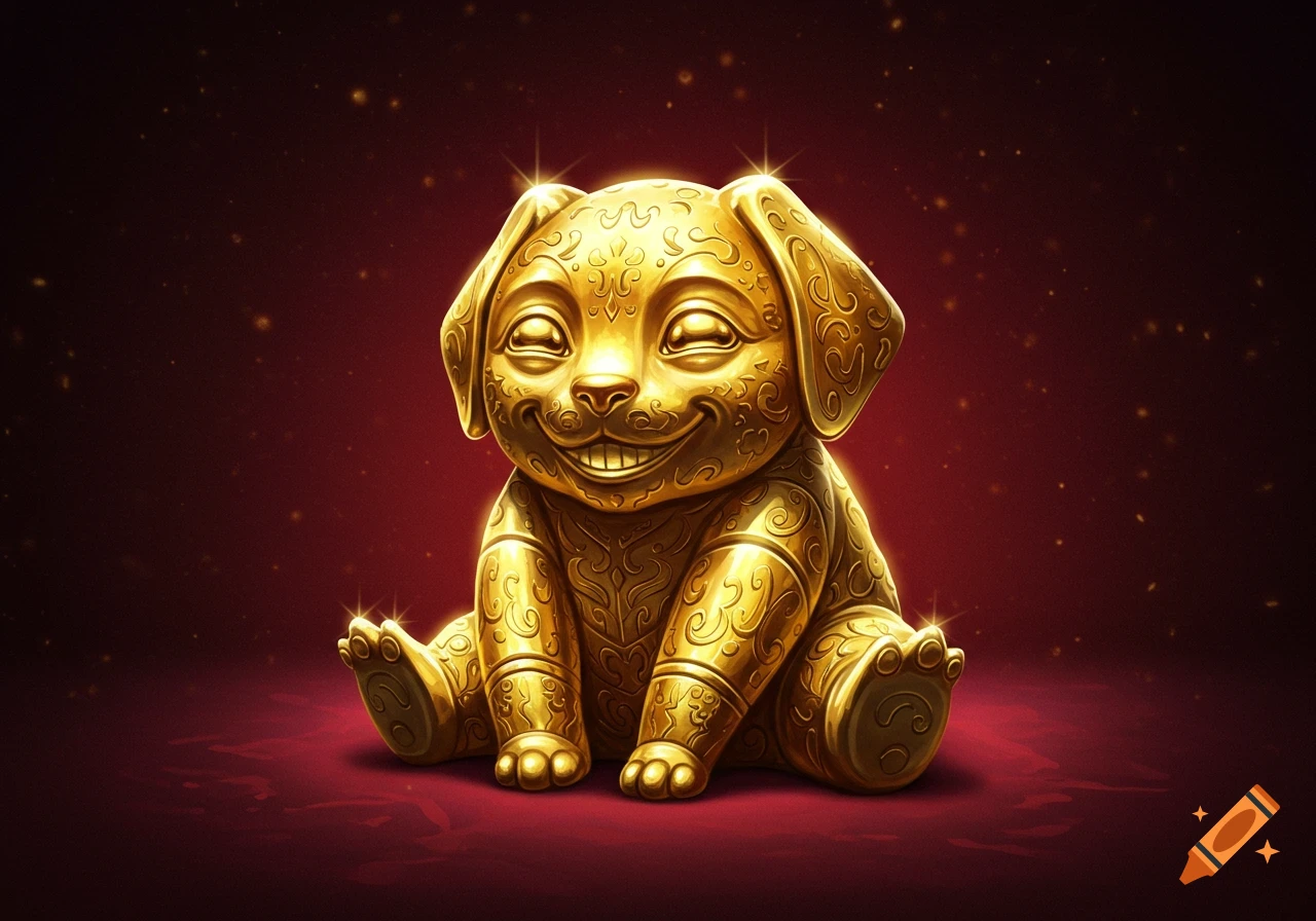 A stylized golden puppy figure with intricate patterns, smiling happily, sits on a deep red surface with glittering specks.