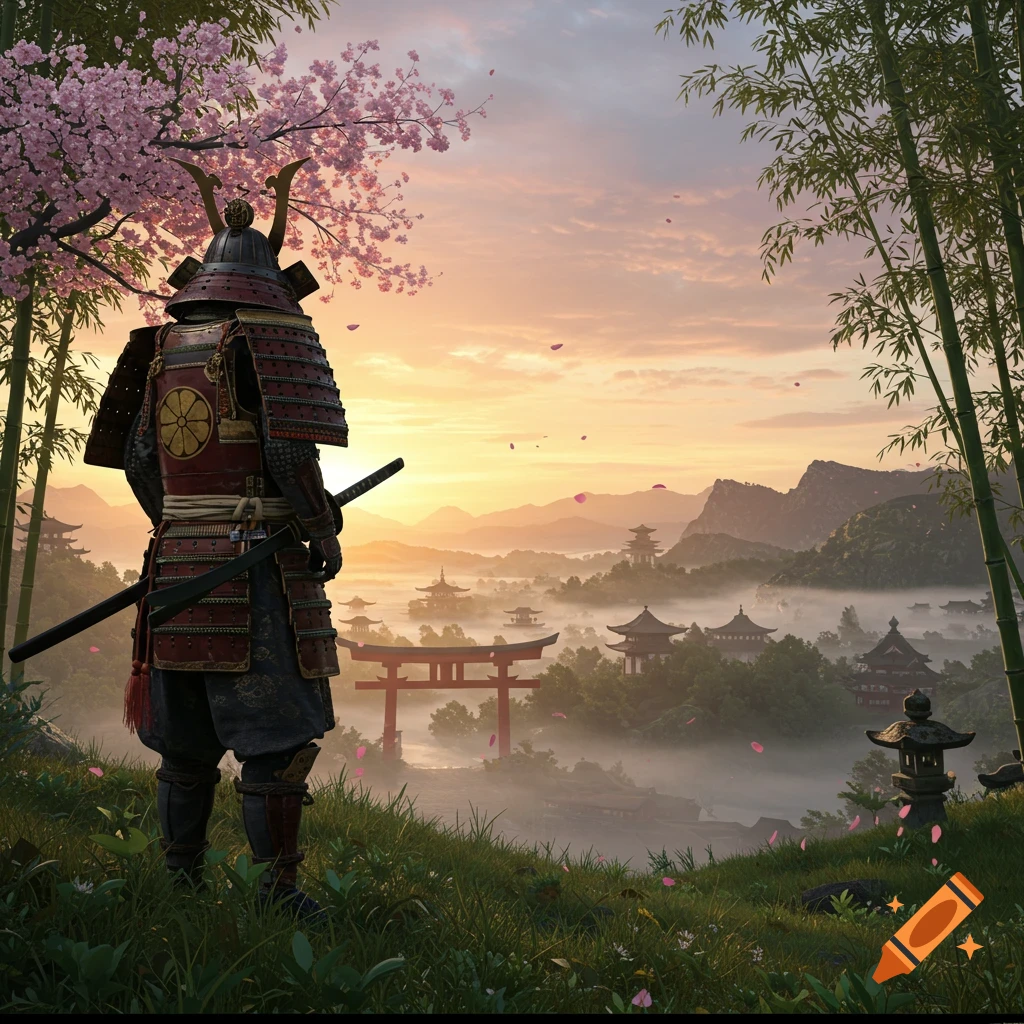 A samurai in red armor stands on a hill overlooking a misty valley with temples, a torii gate, cherry blossoms, and bamboo at sunrise.