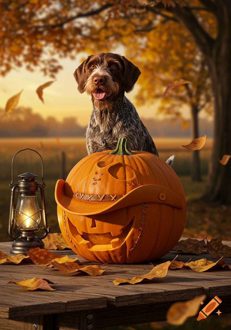 A photorealistic image of a German Wirehaired Pointer sitting behind a cowboy-themed carved pumpkin on a wooden table with autumn leaves.