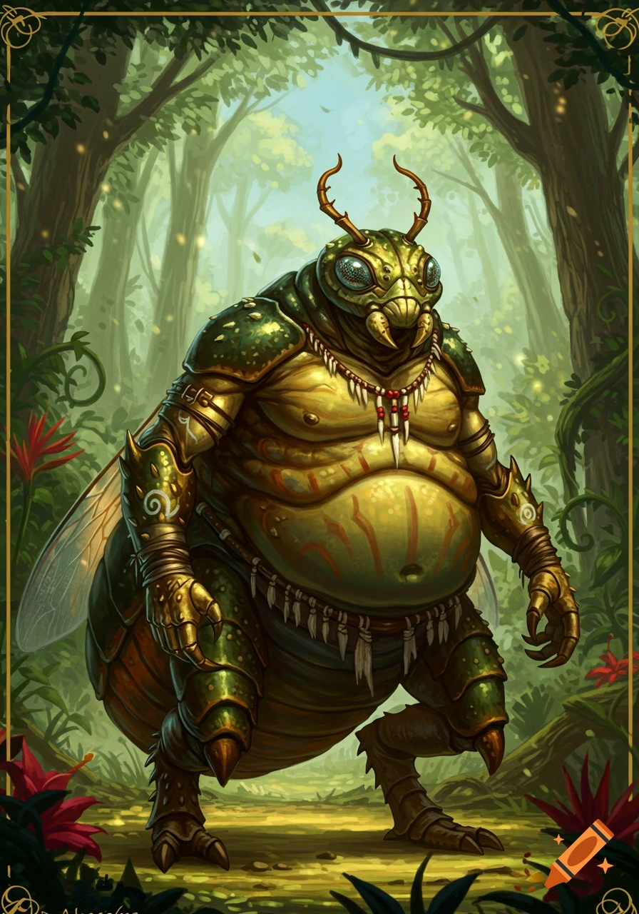 A fat, green, insectoid thri-kreen creature with tribal armor and jewelry stands in a lush jungle, in a fantasy art style.