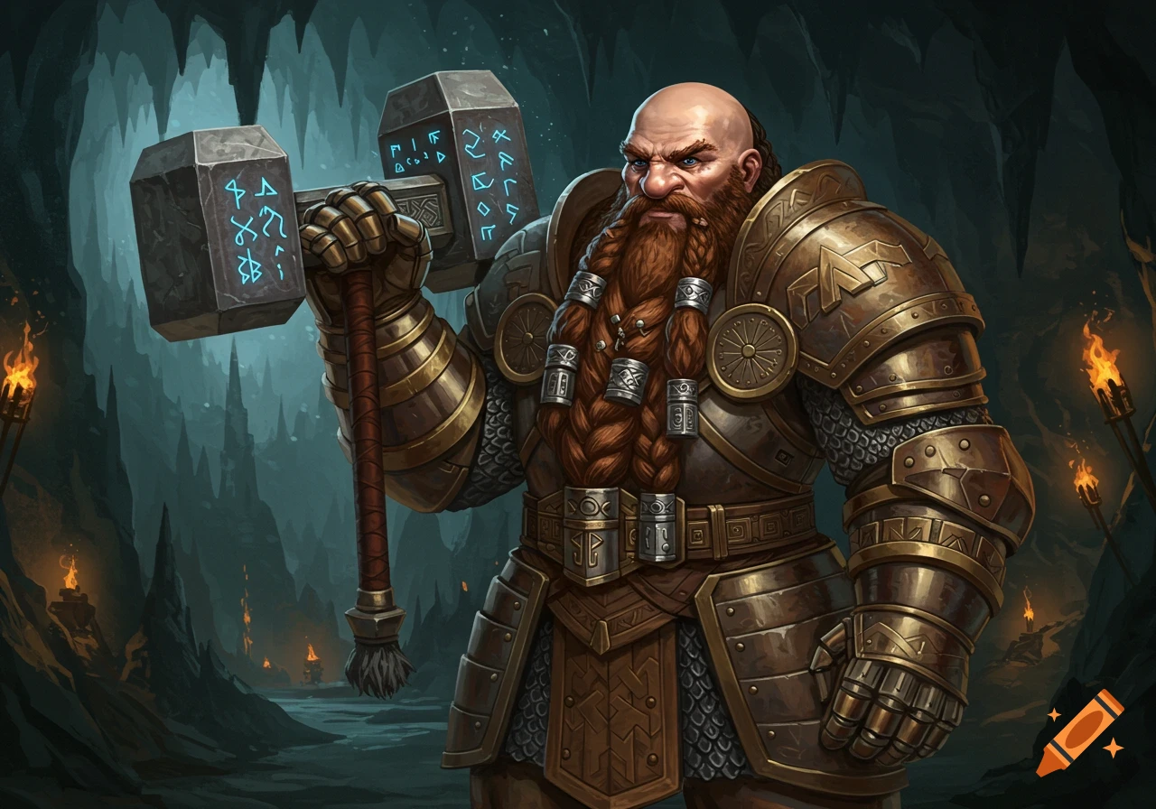 A bald, bearded dwarf warrior in ornate plate armor holds a warhammer with glowing blue runes in a dark cave illuminated by torches, fantasy art style.