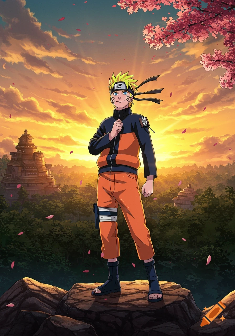A cartoon man in an orange and black outfit stands on rocks at sunset, with a village and cherry blossoms in the background.