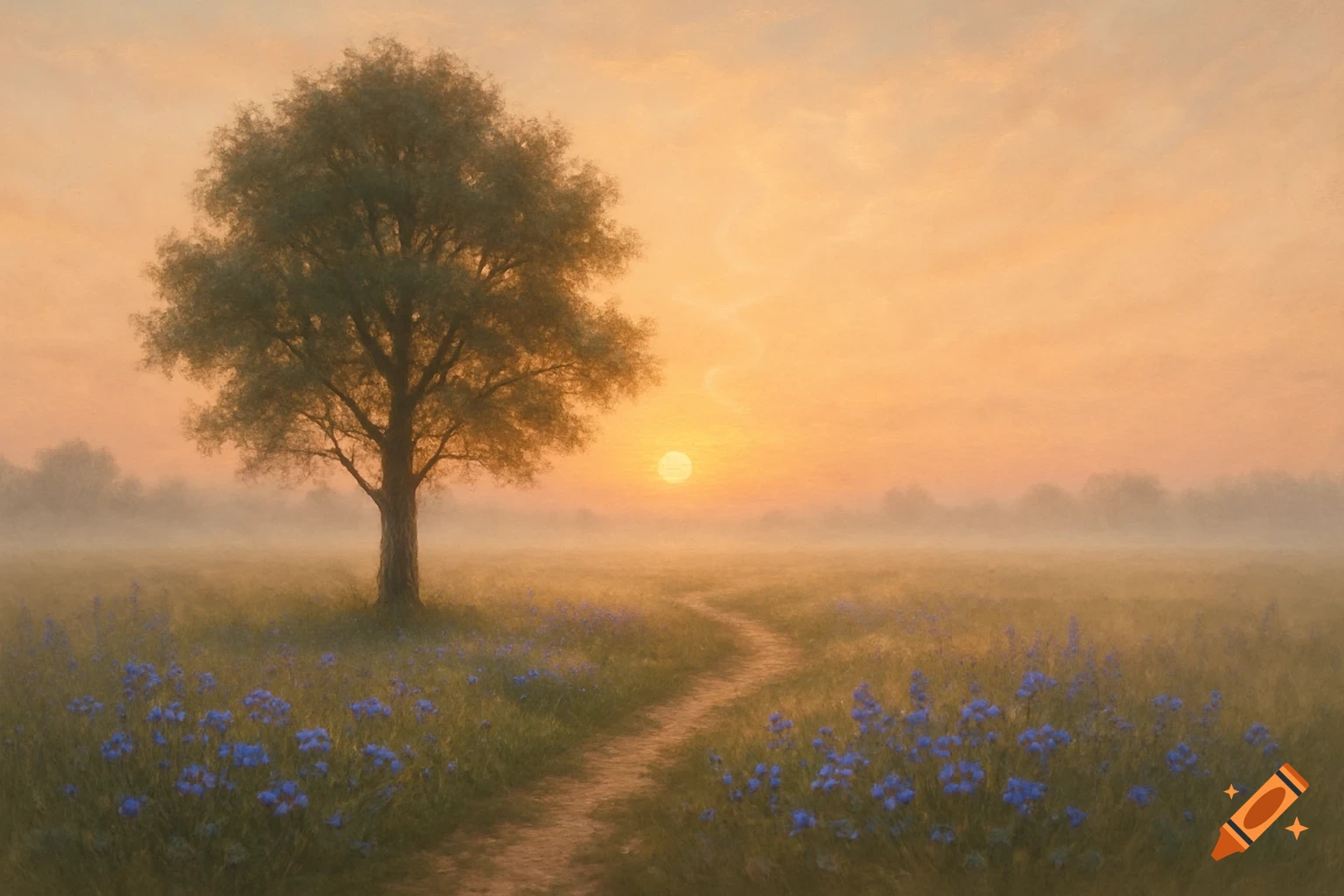 A single tree stands beside a winding path through a misty field of blue wildflowers at sunrise, with an orange sky.