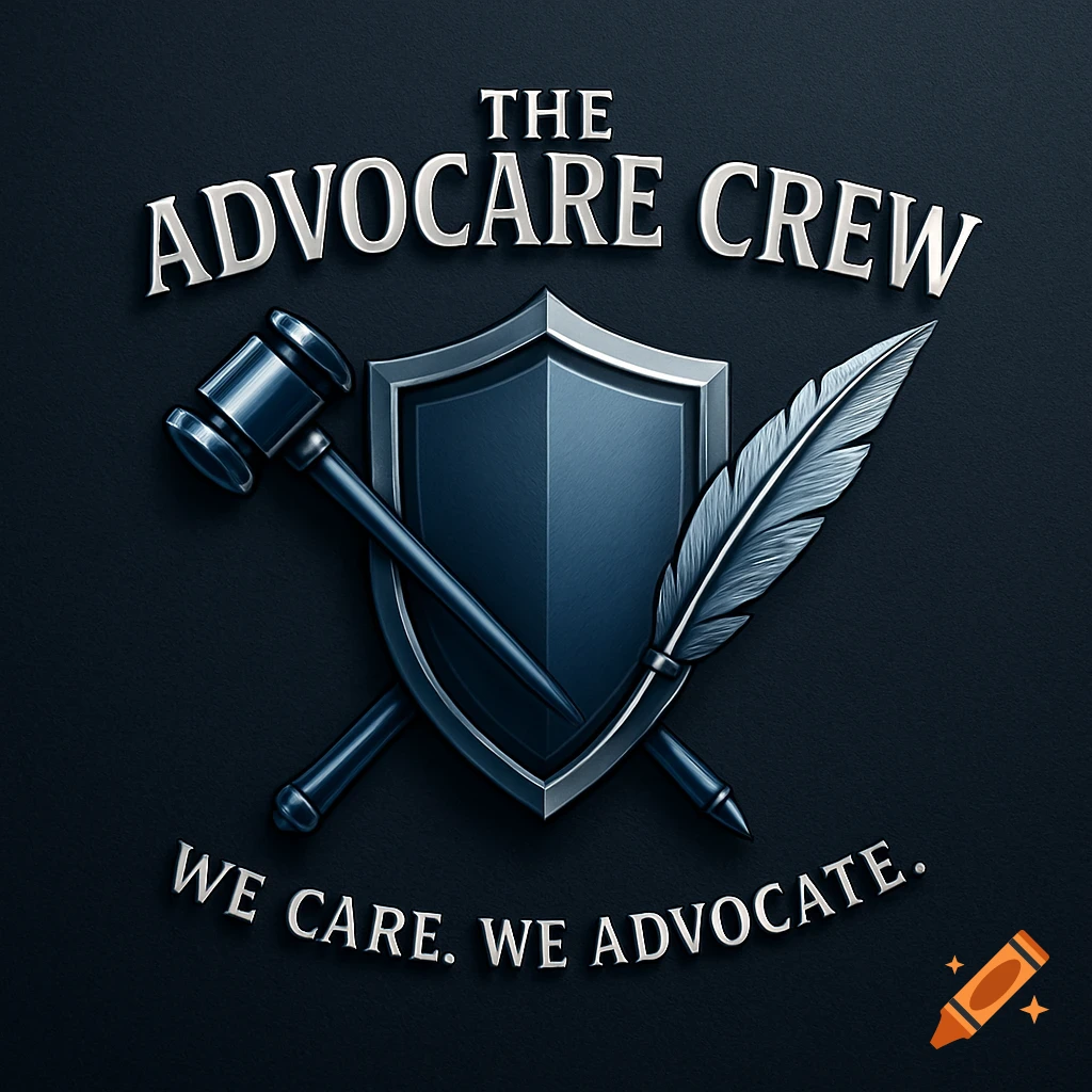 A stylized logo featuring a dark blue shield, crossed gavel, and quill pen, with text "THE ADVOCARE CREW" above and "WE CARE. WE ADVOCATE." below.