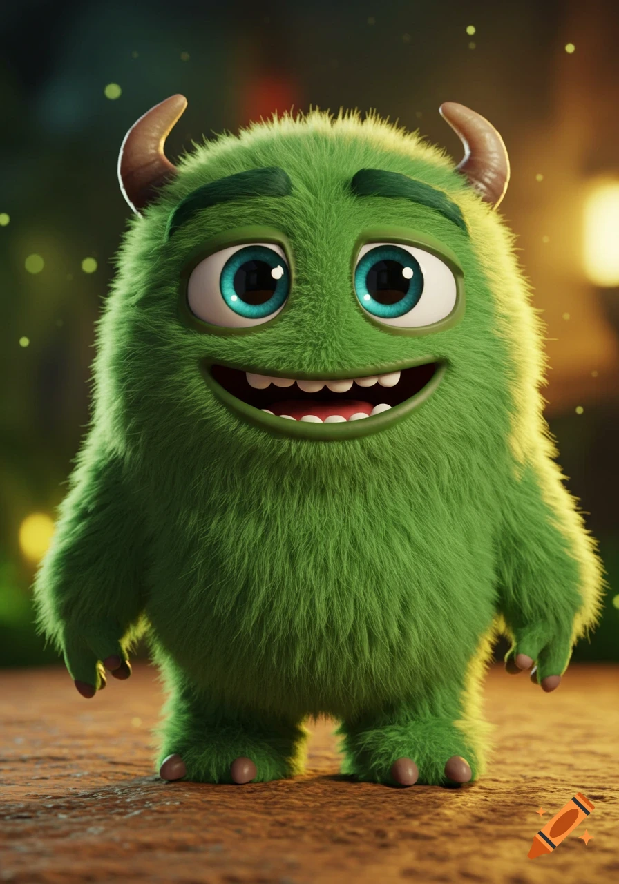 A cute, fluffy green monster with big expressive eyes and a friendly smile, in a 3D Pixar style.