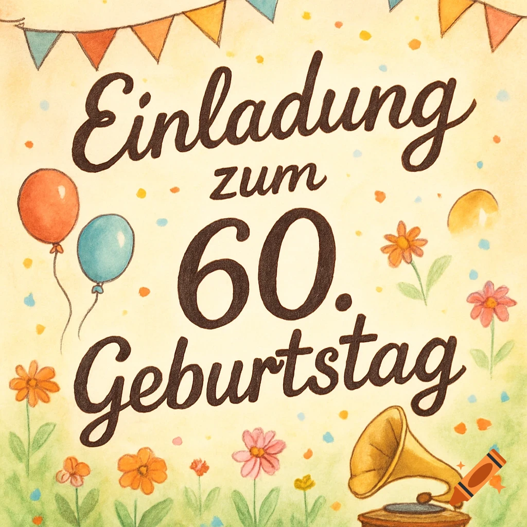 Watercolor birthday invitation with text 'Einladung zum 60. Geburtstag', balloons, flowers, and a gramophone.