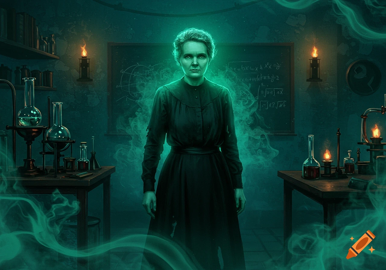 A spooky, glowing depiction of Marie Curie in a dark, atmospheric laboratory with scientific equipment and a blackboard.