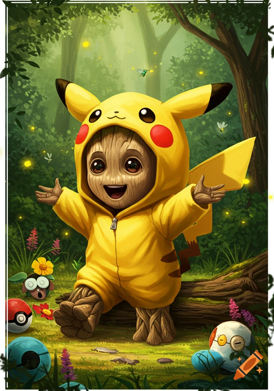 A cute Baby Groot in a yellow Pikachu costume with red cheeks sits in a magical forest with fireflies, surrounded by small Pokémon-like creatures and a Poké Ball.
