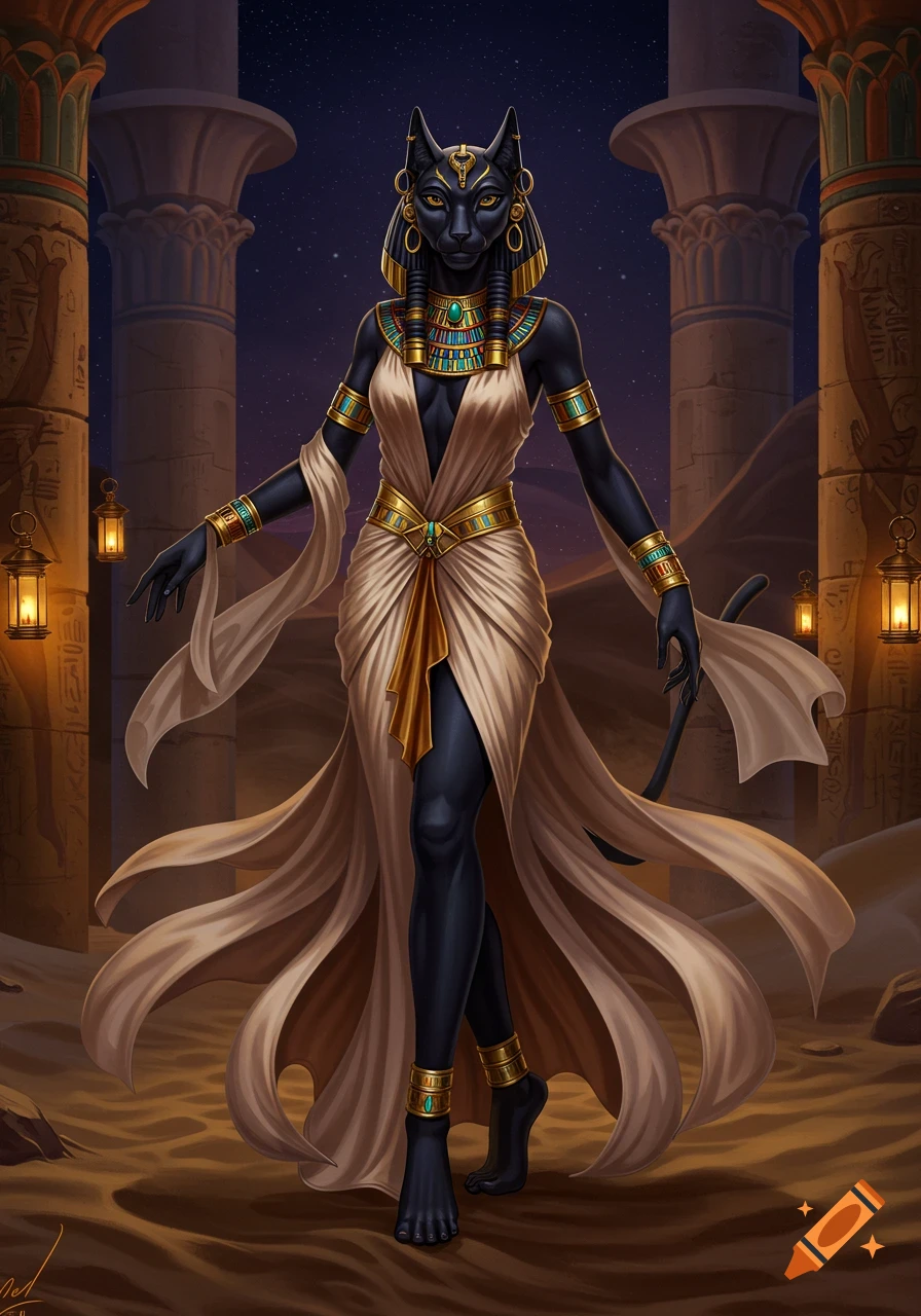 Feline-headed Egyptian goddess Bastet in gold and beige attire, adorned with jewelry, stands between ancient pillars at night.
