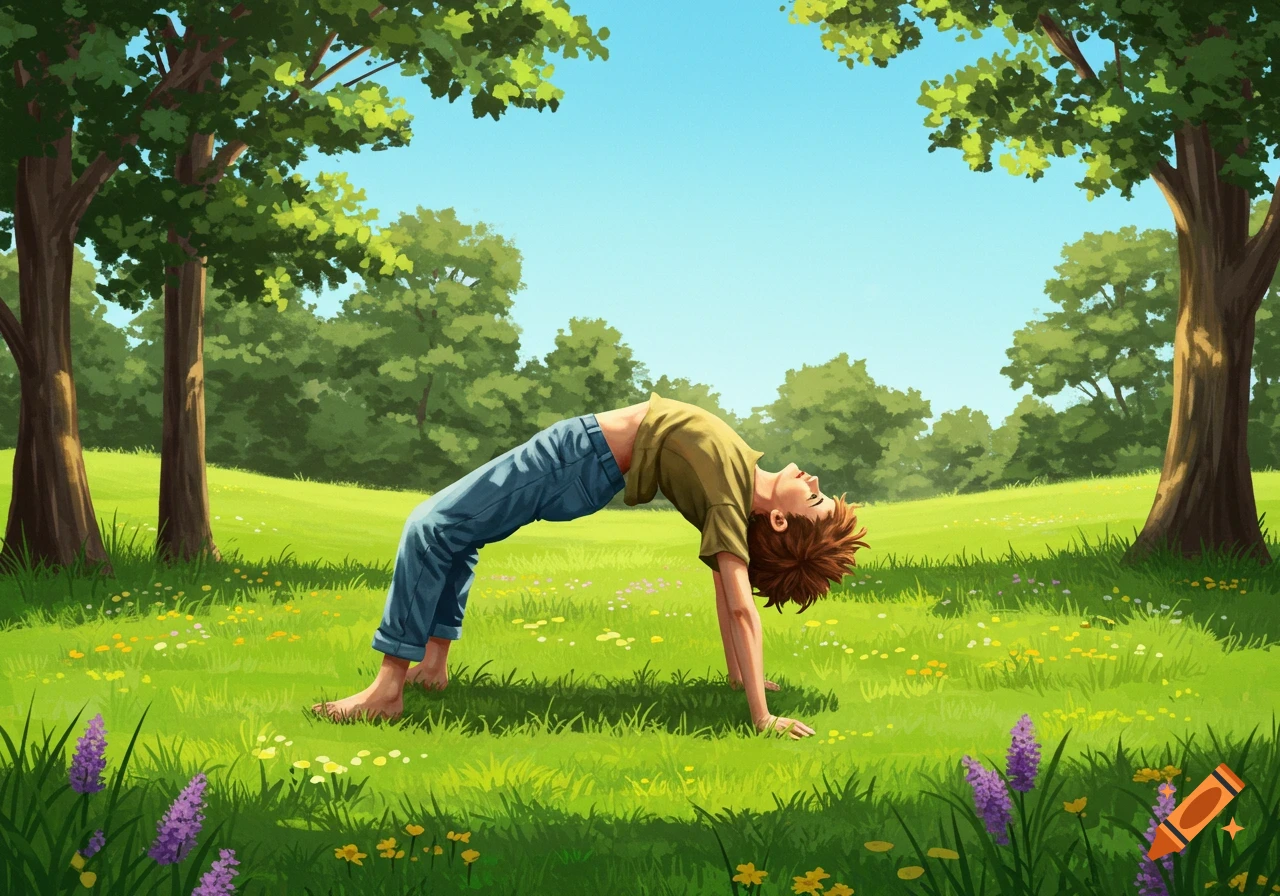 An illustration of a young boy doing a bridge yoga pose in a lush green field with trees and flowers under a clear blue sky.