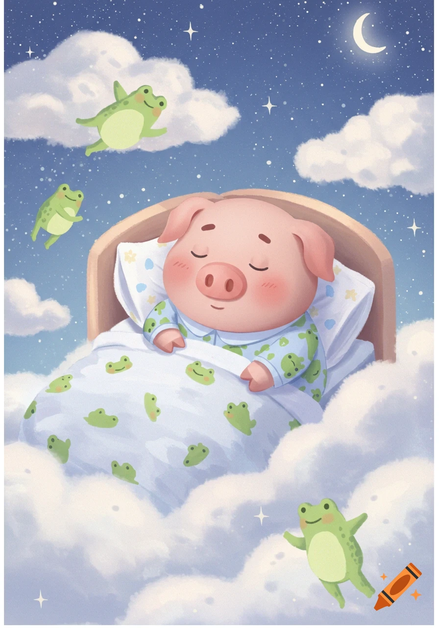 Cute cartoon pig sleeping in a bed among clouds in the night sky, wearing frog pajamas, with flying frogs and stars.