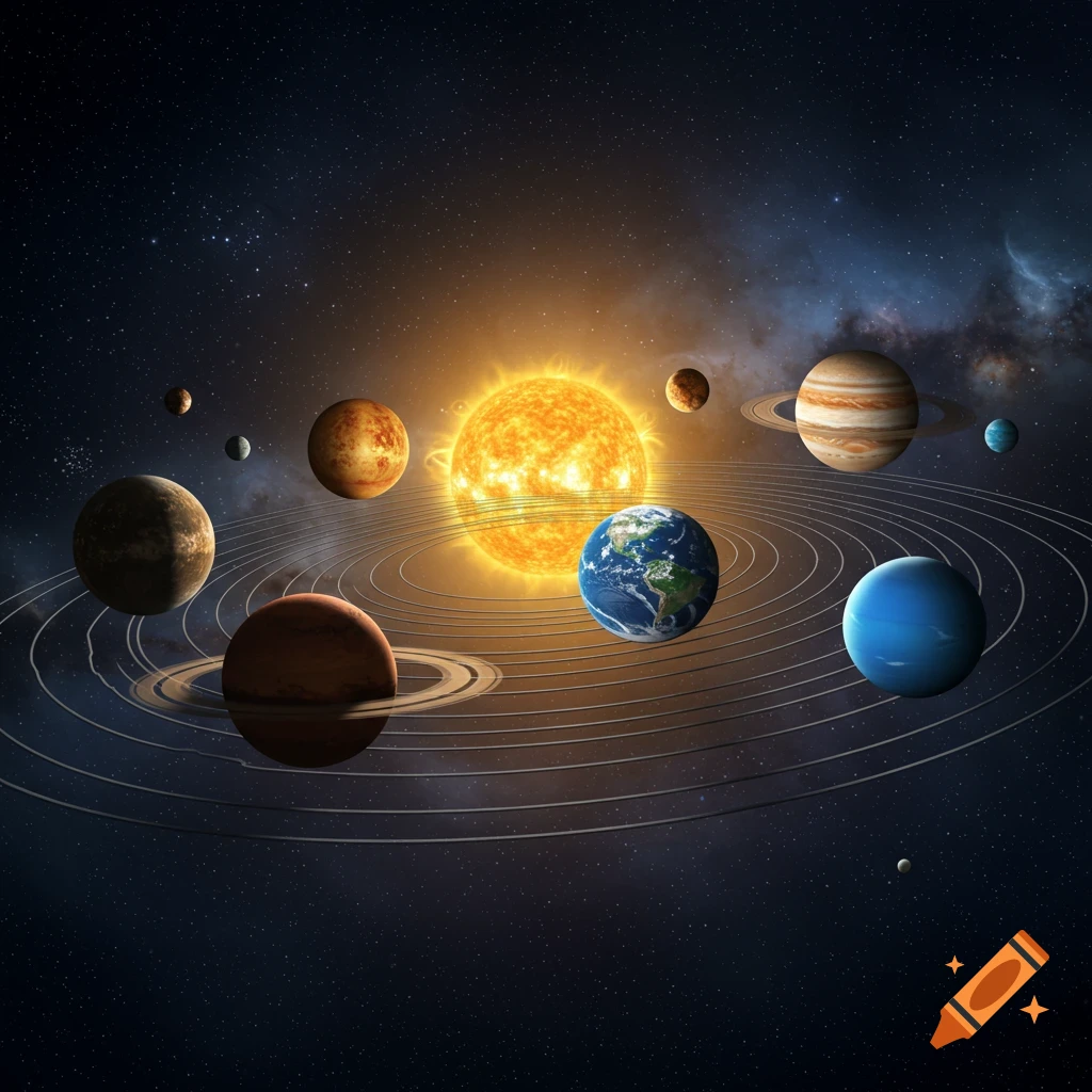 Vibrant illustration of the solar system with the sun and eight planets orbiting in deep space with stars and a nebula.