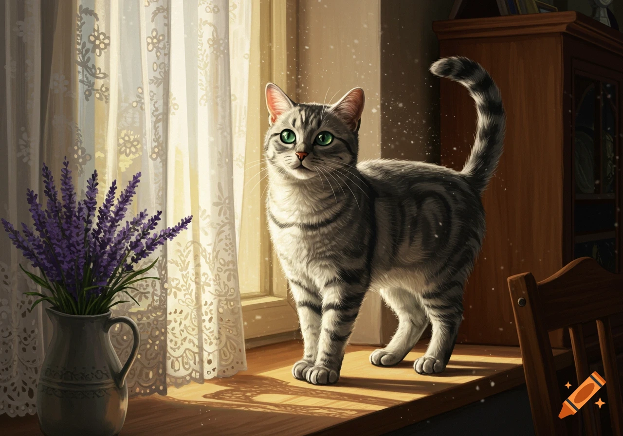 A fluffy grey tabby cat with green eyes stands on a sunlit wooden surface by a window with lace curtains, next to a vase of purple lavender.
